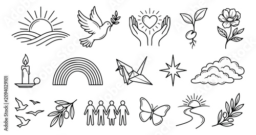 Photos Peace and hope line icons set, 16 vector symbols of harmony and unity, minimalis