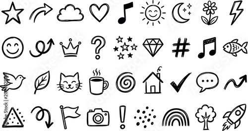 Hand drawn doodle icon set diverse symbols for creative projects and design elements