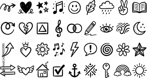 Doodle icon set with various symbols and objects