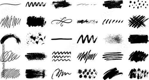 Collection of black brush strokes and artistic lines on white background for design and creative projects