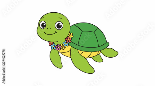 Adorable Cartoon Sea Turtle Wearing a Colorful Flower Lei, Flat Design Illustration with Simple Shapes and Bold Outlines, Isolated on White Background