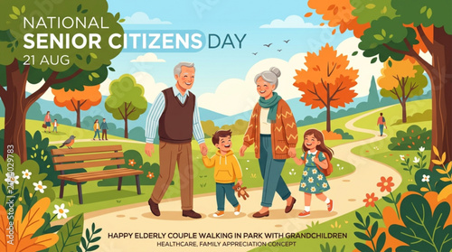 National senior citizens day celebration poster featuring a happy elderly couple walking with grandchildren in an autumn park with depicts cheerful elderly