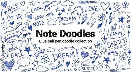Hand drawn note doodles collection blue ballpoint pen style for creative projects