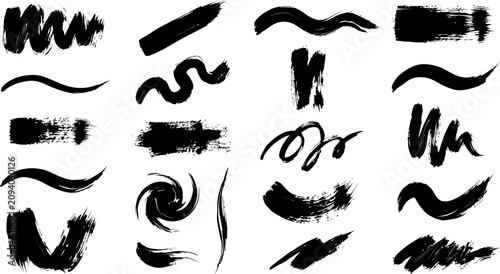 Collection of black brush strokes and swirls on white background for design and artistic use
