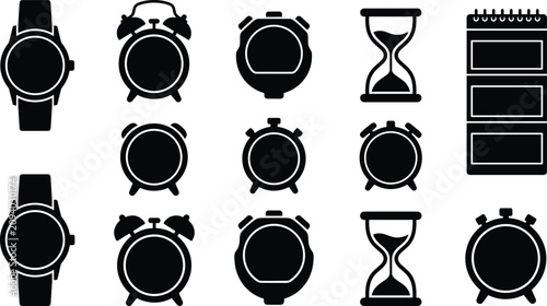 Comprehensive time measurement icon bundle with various alarm clocks wristwatches hourglasses stopwatches and vertical planning calendar,