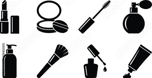 Foto Cosmetic makeup and beauty product icon set with lipstick compact powder mascara