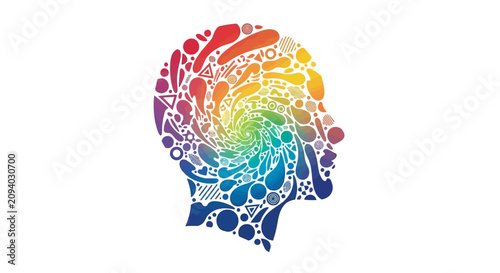 Rainbow colored human head profile with swirling patterns