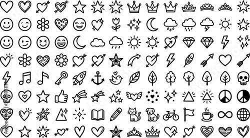 Black and white doodle icon set hearts stars crowns and whimsical elements
