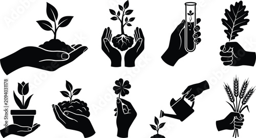 Ecology conservation and hands gardening agriculture icon set with sprout plant flower clover wheat test tube