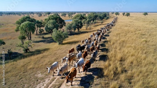 Cattle Drive Across a Vast Savannah: A large herd of cattle, diverse in color, makes its way along a dusty path on a sun-drenched savannah, with sparse trees and dry grass under a clear blue sky.