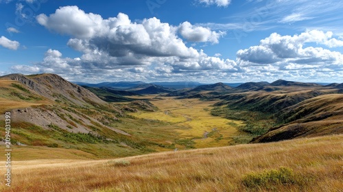 Vast Prairie Landscape: A breathtaking panoramic view of a rolling prairie, with golden grass in the foreground leading to a valley bathed in sunlight, under a sky dotted with dramatic clouds.