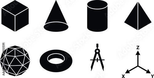 Tableau sur toile Geometric 3D shapes and mathematics icon set with cube cone cylinder pyramid sph