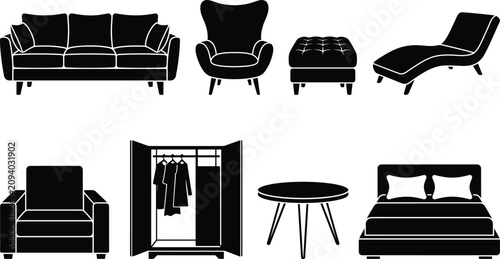 Obraz na płótnie Home furniture and interior decoration icon set with sofa armchair ottoman chais