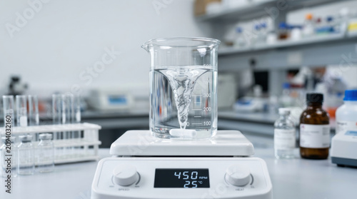 Medical beaker with vortex mixing clear liquid on magnetic stirrer in laboratory setting
