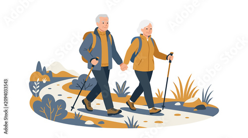 Senior couple hiking with trekking poles.