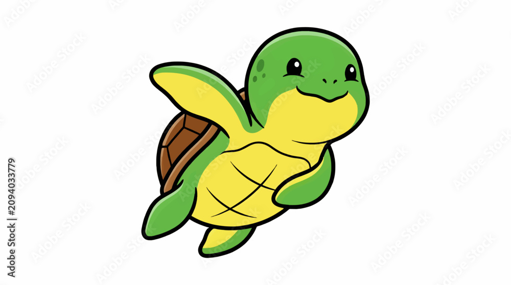 Obraz premium Adorable Cartoon Sea Turtle Illustration, Cute Flat Design Character Swimming, Green and Yellow Marine Life Graphic with Black Outline, Isolated on White Background