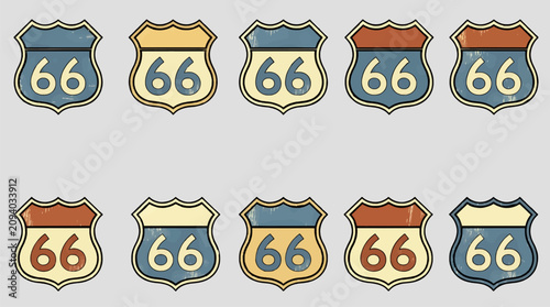 Collection of Flat Design Route 66 Shield Icons with Distressed Texture and Varied Color Schemes, Vintage Americana Road Sign Graphics, Vector Illustration