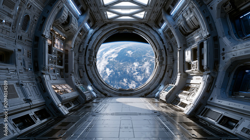 Science Fiction Space Station Corridor Looking Toward Planet Earth
