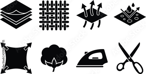 Foto Textile garment material properties and fabric feature icon set with layers weav