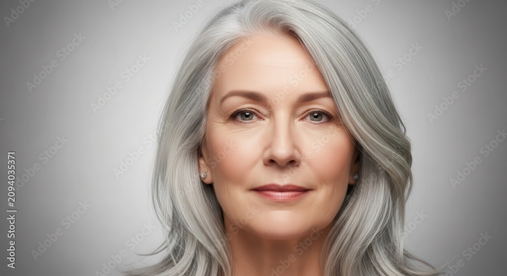 Naklejka premium Elegant mature woman smiling gracefully in a close-up studio portrait against a serene grey background, showcasing healthy aging.