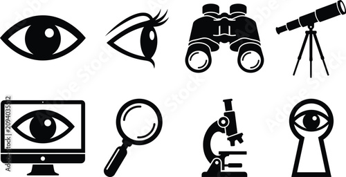 Vision monitoring and observation instrument icon set with eye binoculars telescope computer magnifier microscope and keyhole