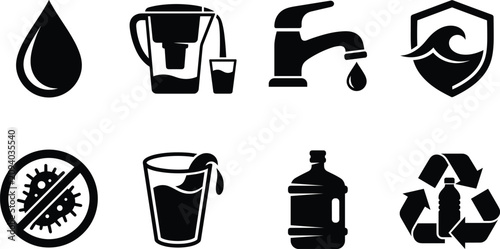 Fotografía Water purification and clean drinking system icon set with pitcher faucet shield