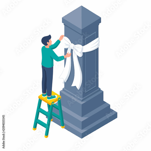 Isometric illustration of a man standing on a stepladder tying a large white ribbon bow around a tall gray stone monument pedestal, representing a grand opening or memorial unveiling event.