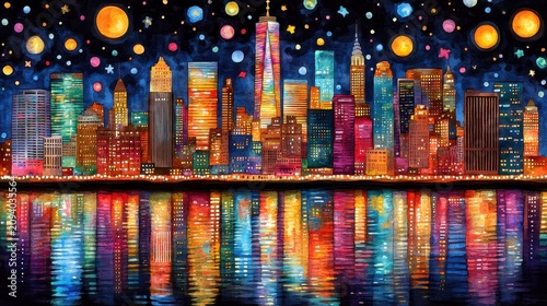 Vibrant Night Skyline of a Modern City with Colorful Water Reflection and Fireworks Display