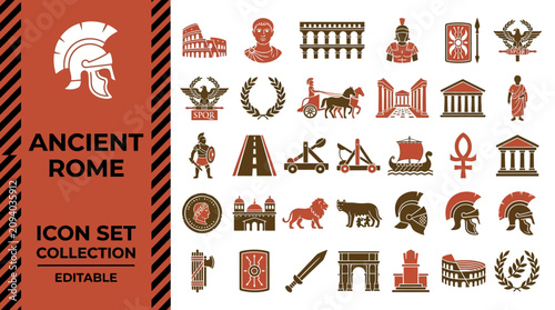 Obraz na płótnie Ancient roman empire icon set with historical symbols and landmarks