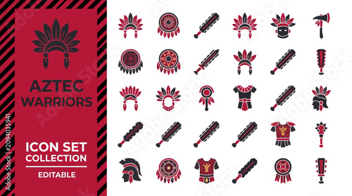 Fotografie Aztec warrior equipment and ceremonial headdress icon set
