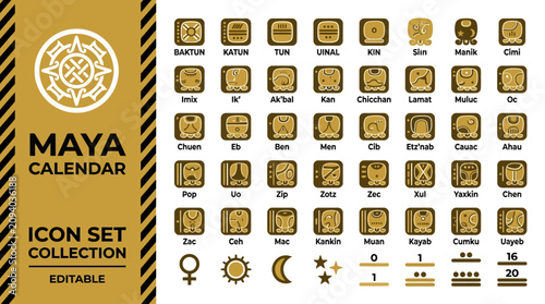 Bild auf Leinwand Mayan calendar icon set featuring ancient glyphs and symbols