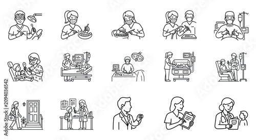 Foto Set of black and white line icons representing various medical professionals and
