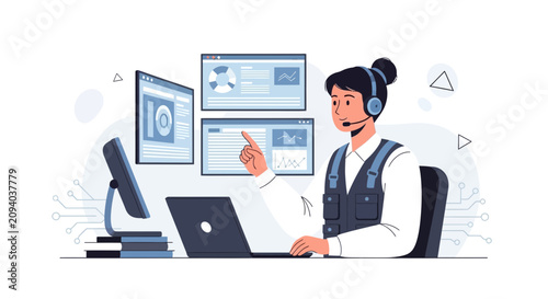 Customer service operator with headset working at computer monitors displaying charts and data, modern flat vector illustration