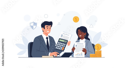 Diverse business professionals collaborating on financial documents, using a calculator and coins, symbolizing financial planning and accounting.