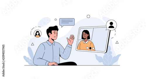 Diverse colleagues in a virtual meeting, waving hello on a video call with speech bubbles and abstract elements.