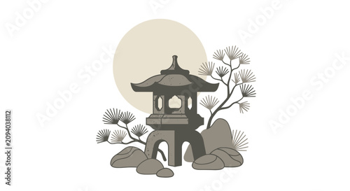 Konstfotografi Serene Japanese Stone Lantern with Pine Branches and Moon