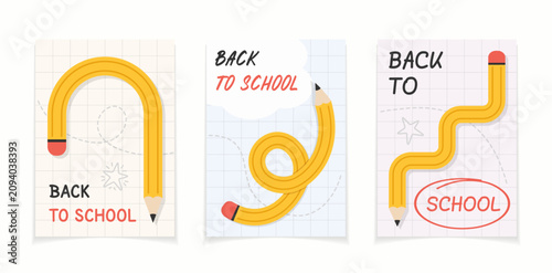 Φωτογραφία Three vertical posters with playful curved bendy pencils on grid paper backgroun