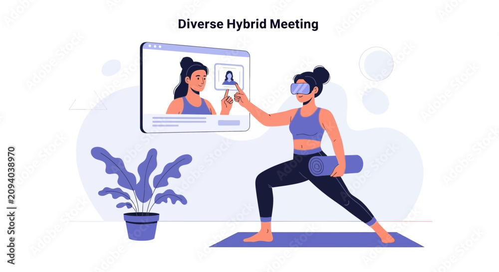 Fototapeta premium Diverse Woman Practicing Yoga in Virtual Reality, Connected to Online Class