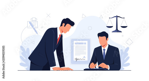 Lawyer Signing Contract with Justice Scale and Document Illustration