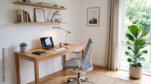 Cuadro en lienzo Cozy modern home office with wooden desk, ergonomic chair and laptop
