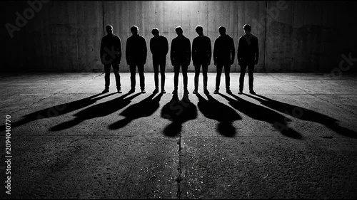 Dramatic Silhouette of Men Standing in a Line with Long Shadows on Concrete Wall