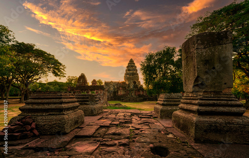 Konstfotografi Landscape of Phimai Historical Park with sunset sky