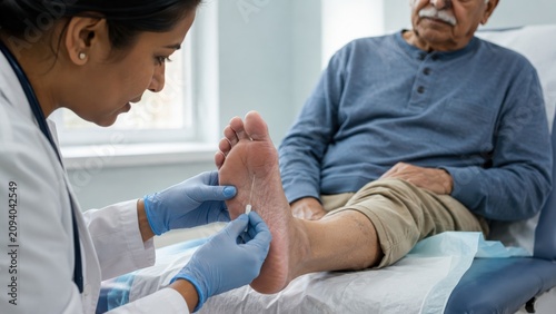 Doctor performing diabetic foot exam on elderly patient