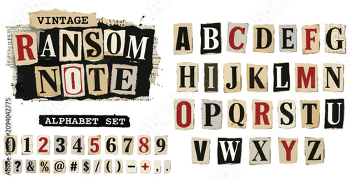 Canvastavla Vintage ransom note alphabet set, cutout newspaper letters and numbers vector, r