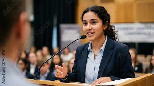 Young confident woman speaking at microphone during business conference or academic seminar in front of audience