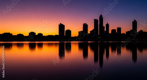 City skyline silhouetted against colorful sunset sky reflection