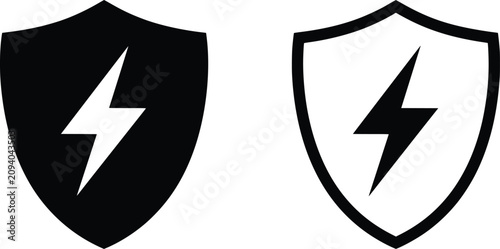 Shields with lightning bolt icons in black and white representing security and power during protection
