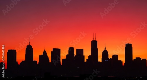 Cityscape silhouette against vibrant orange and red sunset sky