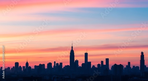 Cityscape silhouette against vibrant pink and orange sunset sky