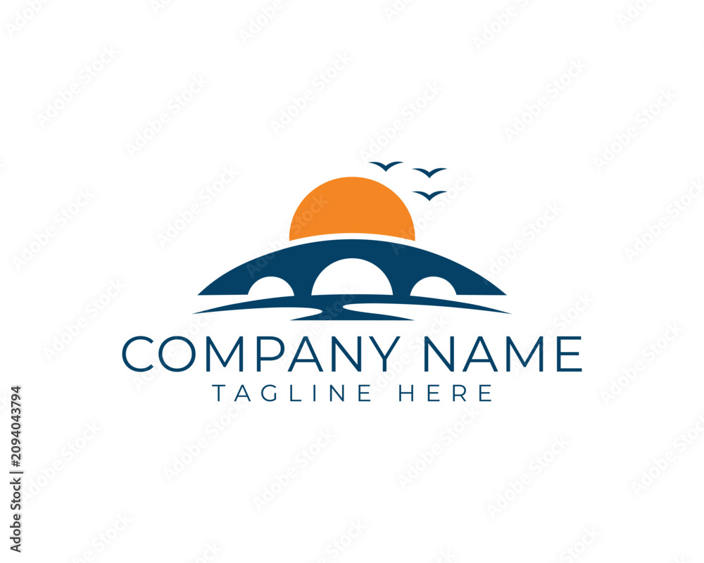 Fototapeta premium Bridge logo design with sunset and birds